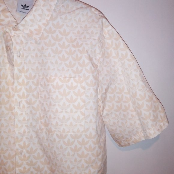 Adidas Button Up Shirt Mens XL Cream Beige Trefoil Allover Print Logo Short Slee - Picture 5 of 9